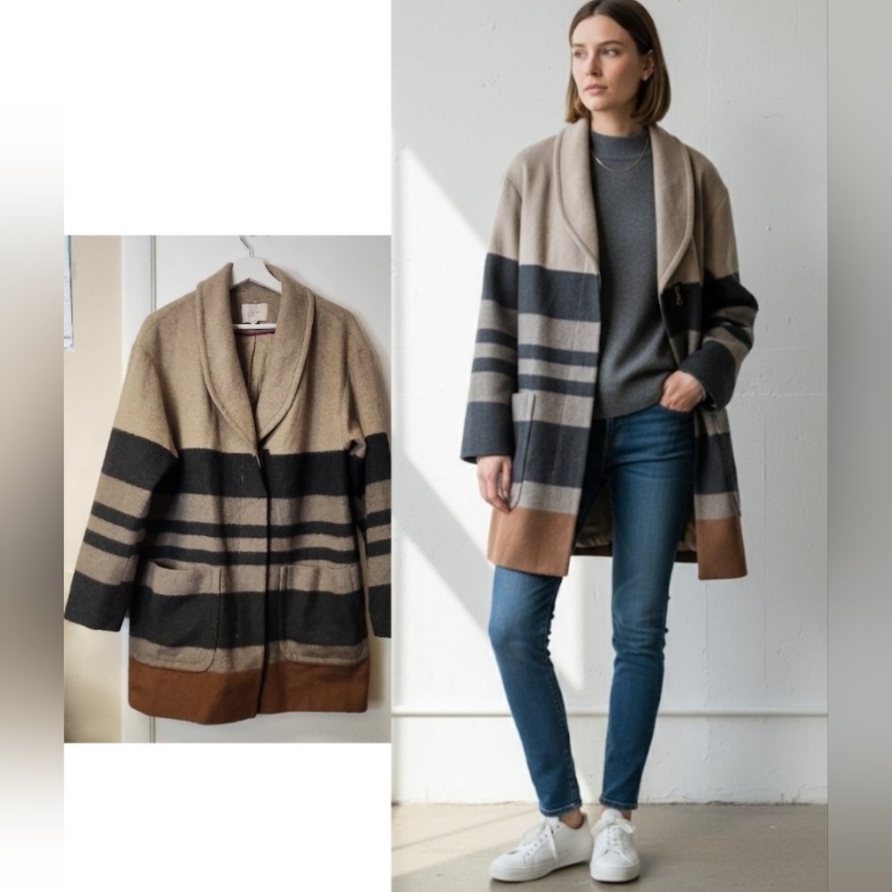 Ann Taylor LOFT Striped Color Block Wool-Blend Shawl Zip Collar Coat Size S